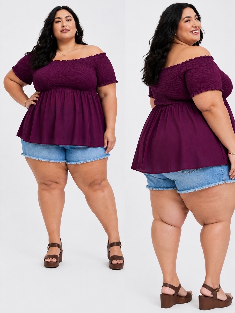 TORRID PLUM PURPLE SMOCKED OFF SHOULDER PEPLUM TOP